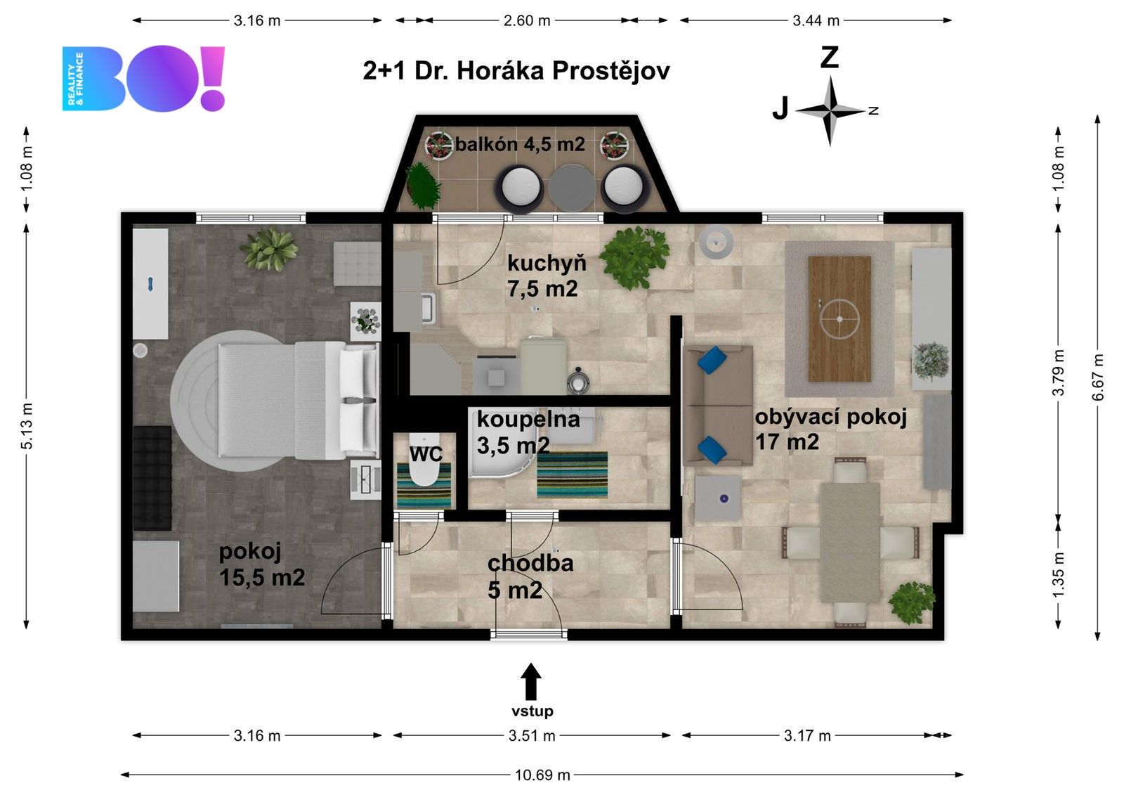 Pronájem byt 2+kk - Dr. Horáka, Prostějov, 51 m²