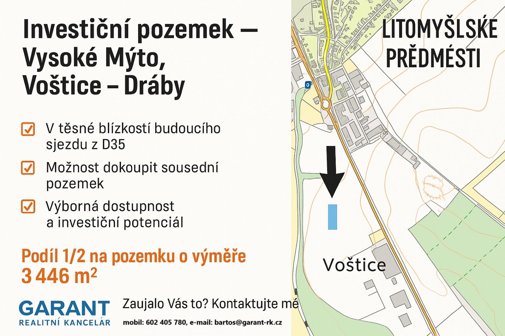 Prodej komerční pozemek - Voštice, Vysoké Mýto