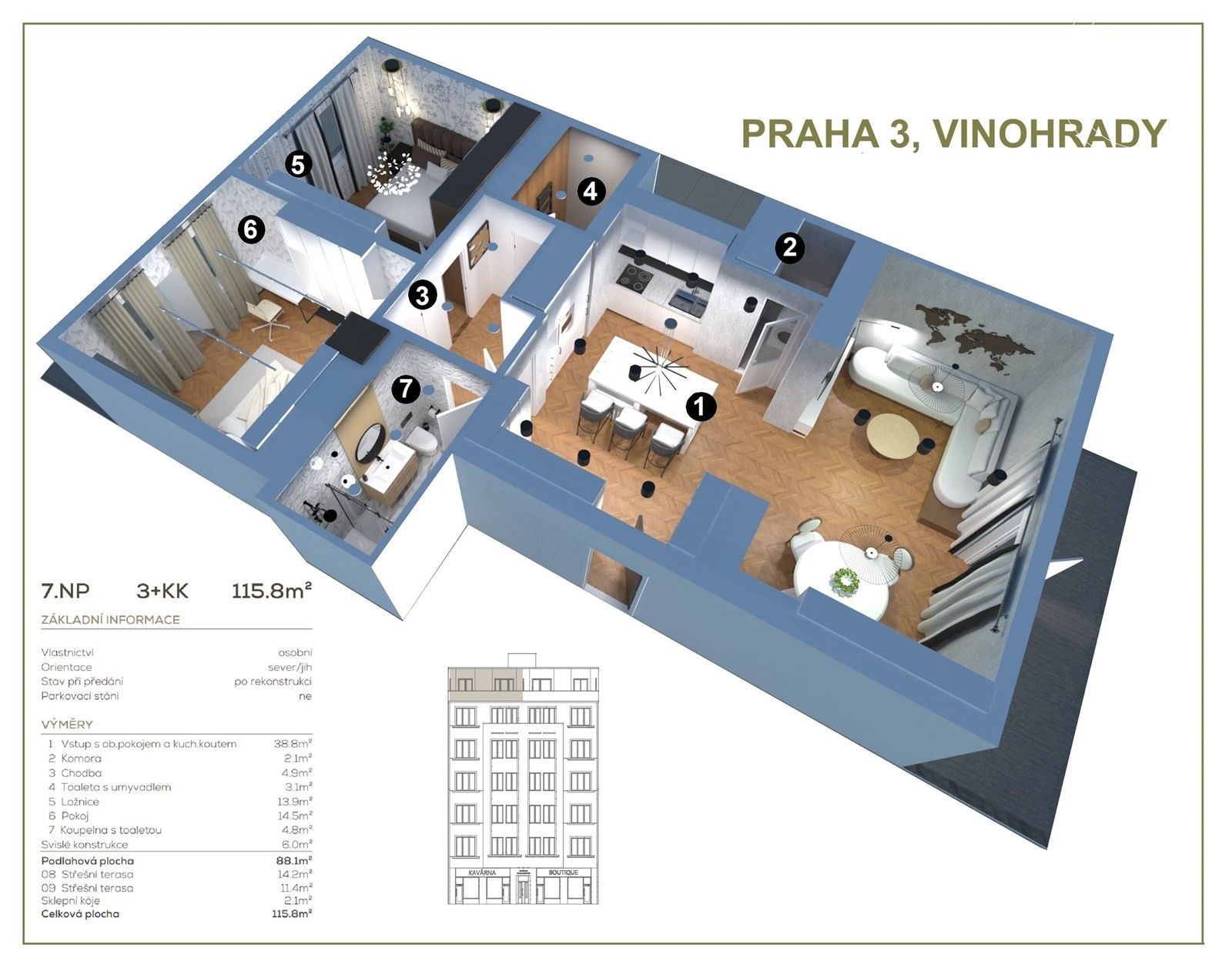 3+kk, Vinohradská, Praha, 116 m²